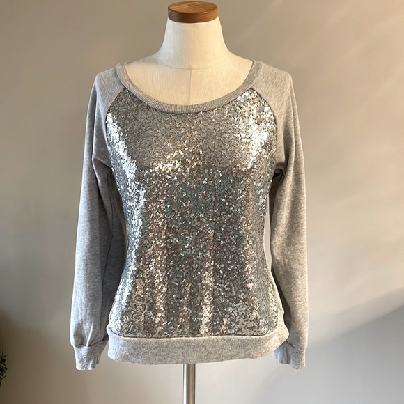 BONGO Silver front SEQUINS lightweight sweatshirt / Terry inside pullover XS - Picture 1 of 10